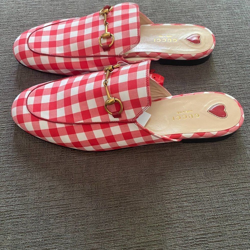 Gucci Women Red & White Gingham Plaid Check Slide Loafer Mule Slipper Si… - Picture 5 of 9